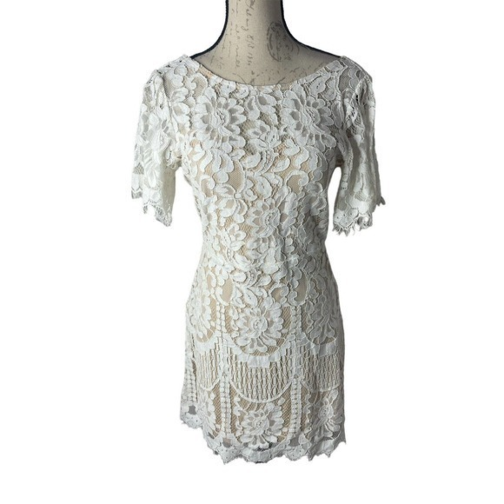 Lulus Pearson White Lace Short Sleeve Dress Cocktail‎ Wedding Womens Size S
